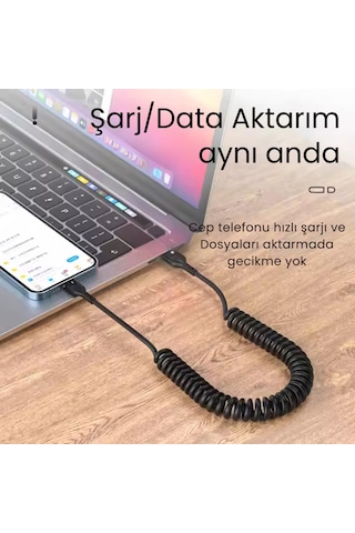 Polham 5a 66w Spiral Usb To Type C Şarj Ve Data Kablosu,1-1,5 Metre Kısayıp Uzayabilen Elastik Kablo 1 Adet