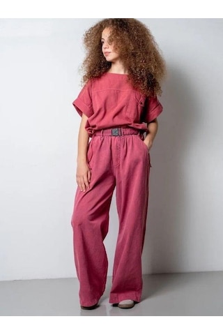 Zekids Kız Çocuk Kemerli Geniş Paça Gabardin Pantolon-15802 Pembe
