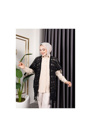 Hira Life Fashion Kadın Mevsimlik Saçaklı Ve Ajurlu Pamuk Triko Hırka Siyah Siyah