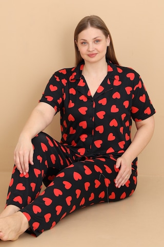 Wordex Mirano 2854 Kalpli Milan Kumaş Kısa Kollu Düğmeli Büyük Beden Kadın Pijama Takımı Siyah