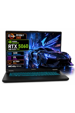 Gigabyte A16 3VHK3TR894SD R7-260 16 GB 1 TB SSD RTX5060 16" Dos FHD Dizüstü Bilgisayar