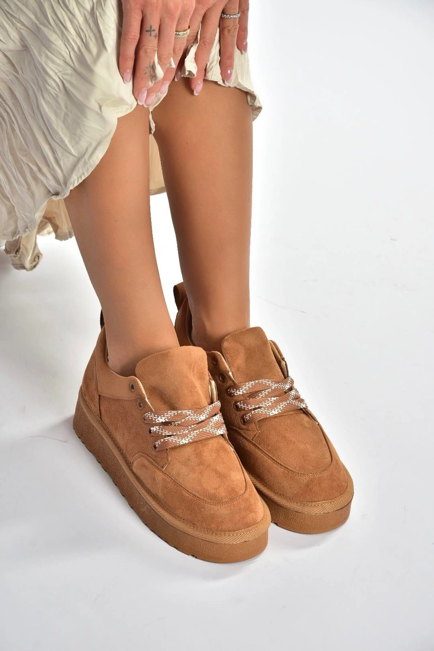 Fox Shoes V602045402 Taba Süet Kalın Tabanlı Günlük Kadın Ayakkabı Taba-süet