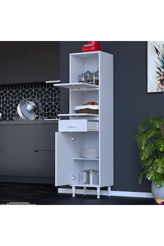 Modilayn Vio Çok Amaçlı Dolap: 35x163.4x32,5 Cm Ölçülerinde, Çekmeceli Ve Kapaklı Mutfak Dolabı. Beyaz
