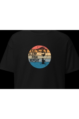 Wildstyle Retro Balık Gün Batımı Vintage Balıkçılık Deniz Baskılı Unisex Bisiklet Yaka Pamuklu Tişört Siyah