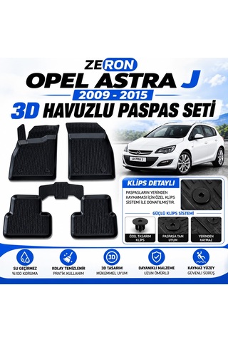 Zeron Opel Astra J 2009-2015 3d Havuzlu Paspas Seti Su Geçirmez Kaymaz Siyah 5 Parça
