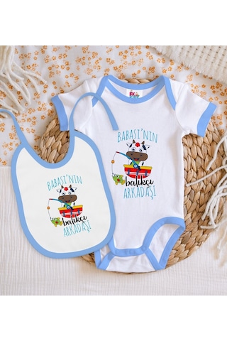 Bk Kids Babasının Balıkçı Arkadaşı Tasarımlı Mavi Bebek Body Zıbı Çok Renkli