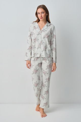 Suwen Luda Pamuklu Gömlek Yaka Pijama Takımı Wsh105101591287 Ekru Çizgili