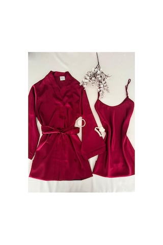 Mh Moony Homewears 2'li Bordo Saten Gecelik Sabahlık Seti Bordo