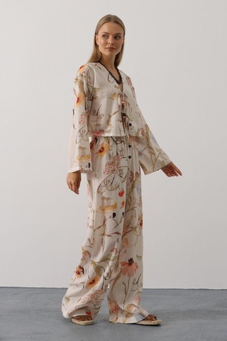 Çiçek Desen Önü Bağlamalı Pantolon Takım - Taş Altın