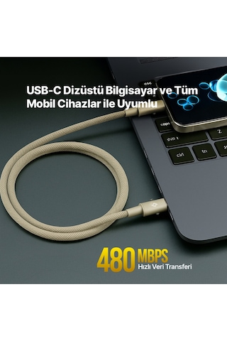 Ttec Extremecable Hip Çok Fonksiyonlu Ekstra Dayanıklı USB-C –USB-C 60W PD/Qc 120 CM Hızlı Şarj/Data Kablo Altın