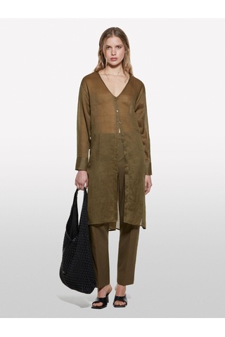 Sisley %100 Rami Manşetli V Yaka Uzun Gömlek Kadın Yeşil Gömlek - 325p5xjzlq096 Haki Yeşili