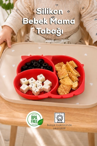 Porsima Mys34005-2 Silikon 3 Bölmeli Kaymaz Bebek Mama Tabağı Kırmızı 14 21cm