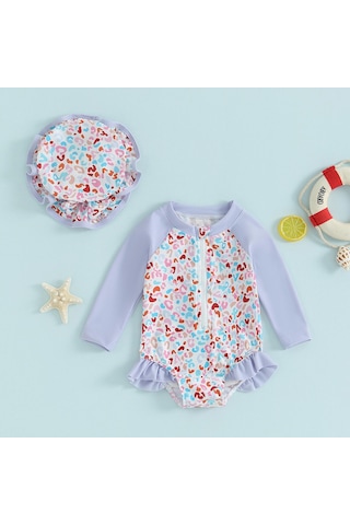 Mor Yürümeye Başlayan Kızlar Döküntü Koruyucu Mayo Tulum 6 9 12 18 24 Ay 3 Yıl Uzun Kollu Patchwork Çiçek Baskı Takım Elbise Mayo