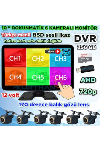 170'' Balık Gözü Ahd 720p Rca Kamera 6 Kanallı 10 İnç Dokunmatik Usb Bsd Dvr Ekran 12 Volt