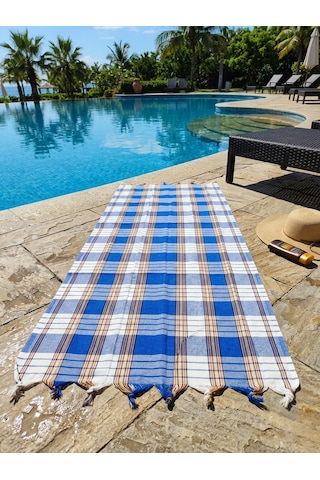 Ludıa %100 Pamuk Ekose Peştemal Havlu Mavi Çizgili Saçaklı Plaj Ve Banyo Peştemali 79x190 Cm Mavi Beyaz Sarı