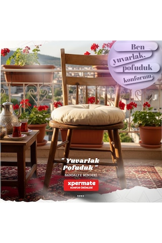 Pofuduk Yuvarlak Sandalye Minderi Mutfak, Balkon, Bahçe Dekoratif Oturma Minderi Yumuşak Dolgu Bej
