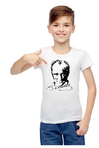Sıfır Yaka T-shirt - %100 Pamuk Çocuk Atatürk Baskılı Beyaz