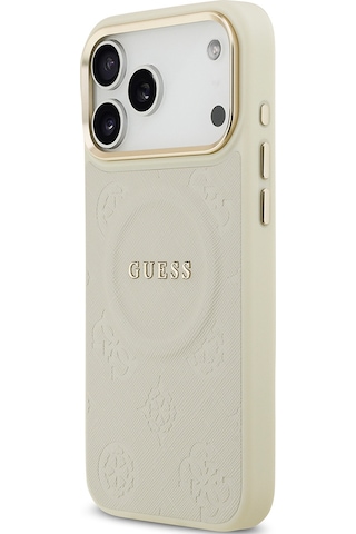 Apple Uyumlu iPhone 17 Pro Max Kılıf Guess Lisanslı M-safeli Sıcak Baskı Yazı Logo Pu Deri Peony Kapak Bej Bej