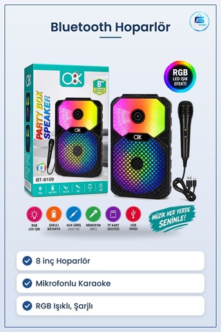 Bluetooth Hoparlör 8 İnç Mikrofonlu Karaoke Şarjlı Rgb Işıklı Kab