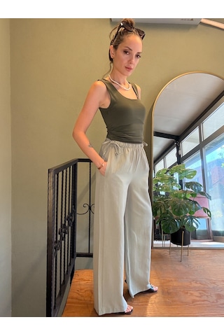 Ali Butik Haki Yandan Bağlama Detaylı Keten Pantolon