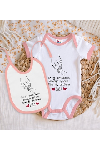 Bk Kids Baba Tasarımlı Pembe Bebek Body Zıbın Ve Mama Önlüğü Hedi Çok Renkli