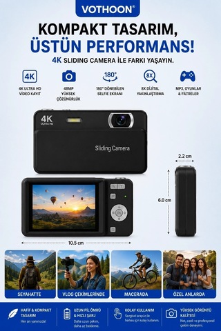 Dijital Kamera 4k Hd 48mp 8x Zoom Flaşlı Kayar Retro Video Kamera 2.4 Ekran 64gb Sd KartSiyah Na Belirtilmemiş