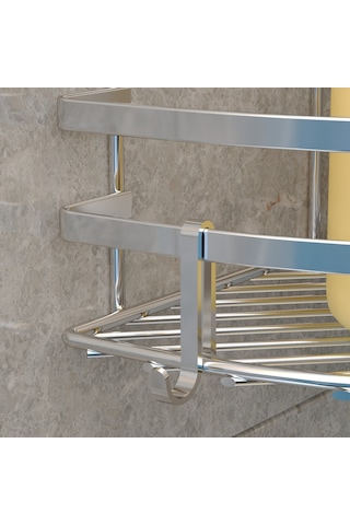 Teknotel Üç Katlı Banyo Köşe Rafı Kancalı Krom Lm009H Çok Renkli