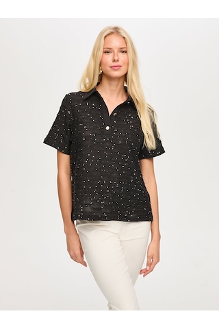 Faik Sönmez Polo Yaka Payetli Örme Bluz S26blz015 Us26blz01510 Siyah