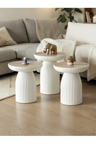 Msy Home Diamond 3'lü Bohem Mantar Zigon Ve Orta Sehpa Yan Sehpa Seti Beyaz-ceviz