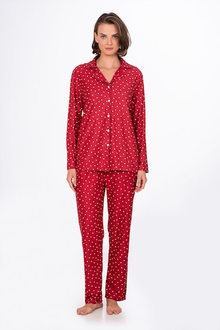 Kadın Süet Önden Düğmeli Pijama Takımı Kalpli Kırmızı Kırmızı - Beyaz