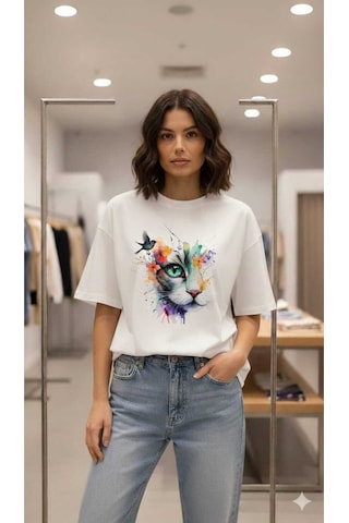 Kedi Baskılı Kuş Detaylı Oversıze T-shirt Beyaz
