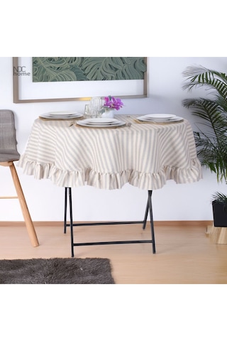 Dnc Home Tekstil Gri Çizgili Keten Yuvarlak Fırfırlı Masa Örtüsü Griçizgili