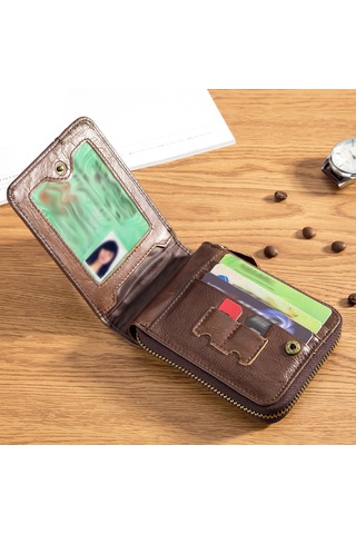 Hangfox Klasik Renkli Deri Cüzdan Erkekler İçin Çoklu Kartlık Ve Para Bölmeli İki Katlı Zipli Organize Edici Kahverengi