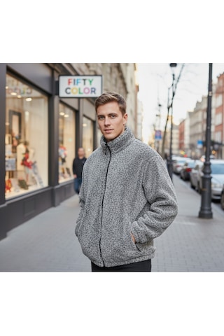 Gri Premium Kalite Dik Yaka, Fermuarlı, Polarlı, Peluş Ceket Gri