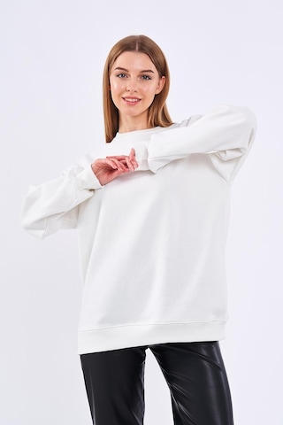 Mmetalic Ekru Kadın Pamuklu Oversize Basic Bisiklet Yaka Sweatshirt 001