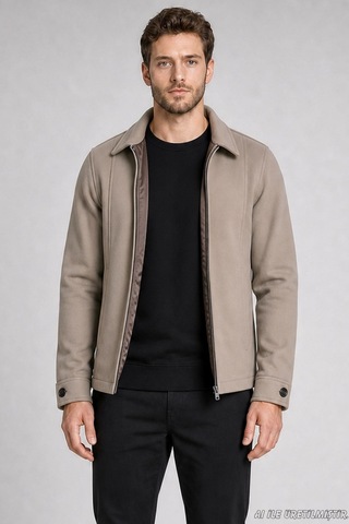 Freemen Erkek Oversize Fermuarlı İçi Kapitoneli Kaşe Ceket-415 Krem