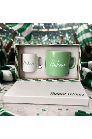 Bk Gift Kişiye Özel İsimli Kutulu Yeşil Beyaz Taraftar Renkleri Temalı İkili Seramik Kupa&fincan Seti-2 Çok Renkli