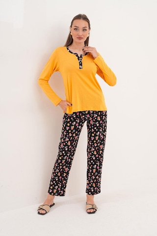 Çift Kaplan Kadın Pamuk Modal Açık Patlı Sarı Pijama Takımı 7019 Sarı