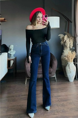 Woddi Tanye Lacivert İspanyol Yüksek Bel Toparlayıcı İspanyol Paça Solmaz Jeans Pantolon Laci Vert