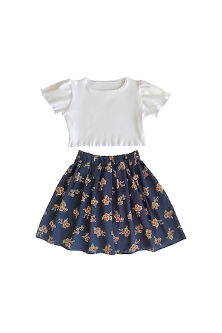 Çocuk Etekli Crop Takım, Çiçekli Lacivert Etek - Ekru Crop Ekru-lacivert Ekru - Lacivert