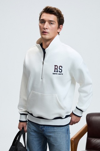 Grimelange PLATA Erkek Yarım Fermuarlı Kanguru Cepli Etek Ve Kolda Triko Detay Relaxed Fit Ekru Sweatshirt