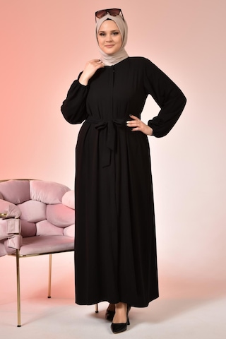 Kadin Buyuk Beden Tesettur Ferace Fermuarlı Yandan Baglamalı Kusaklı Ferace Elbise Oversize 001
