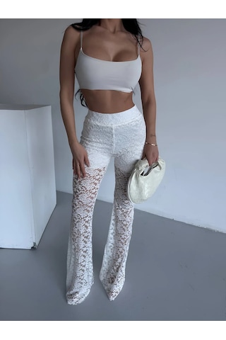 Havens Lace Kabartmalı İspanyol Paça Pantolon Beyaz