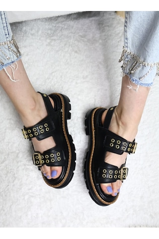 Asmi Shoes Kadın Simya Siyah Çift Bantlı Kapsül Detaylı Kalın Taban Ortopedik Sandalet Siyah Siyah