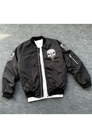 Mbb E-ticaret Erkek Siyah Askeri Tarz Bomber Mont Punisher Skull Detaylı Fermuarlı Cepli - Siyah