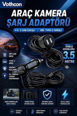 Araç Kamera Şarj Adaptörü 2 Usb'li Type-c Girişli 3.5 Metre Kablo Uzunluğu Ürün Kamera Değildir Siyah