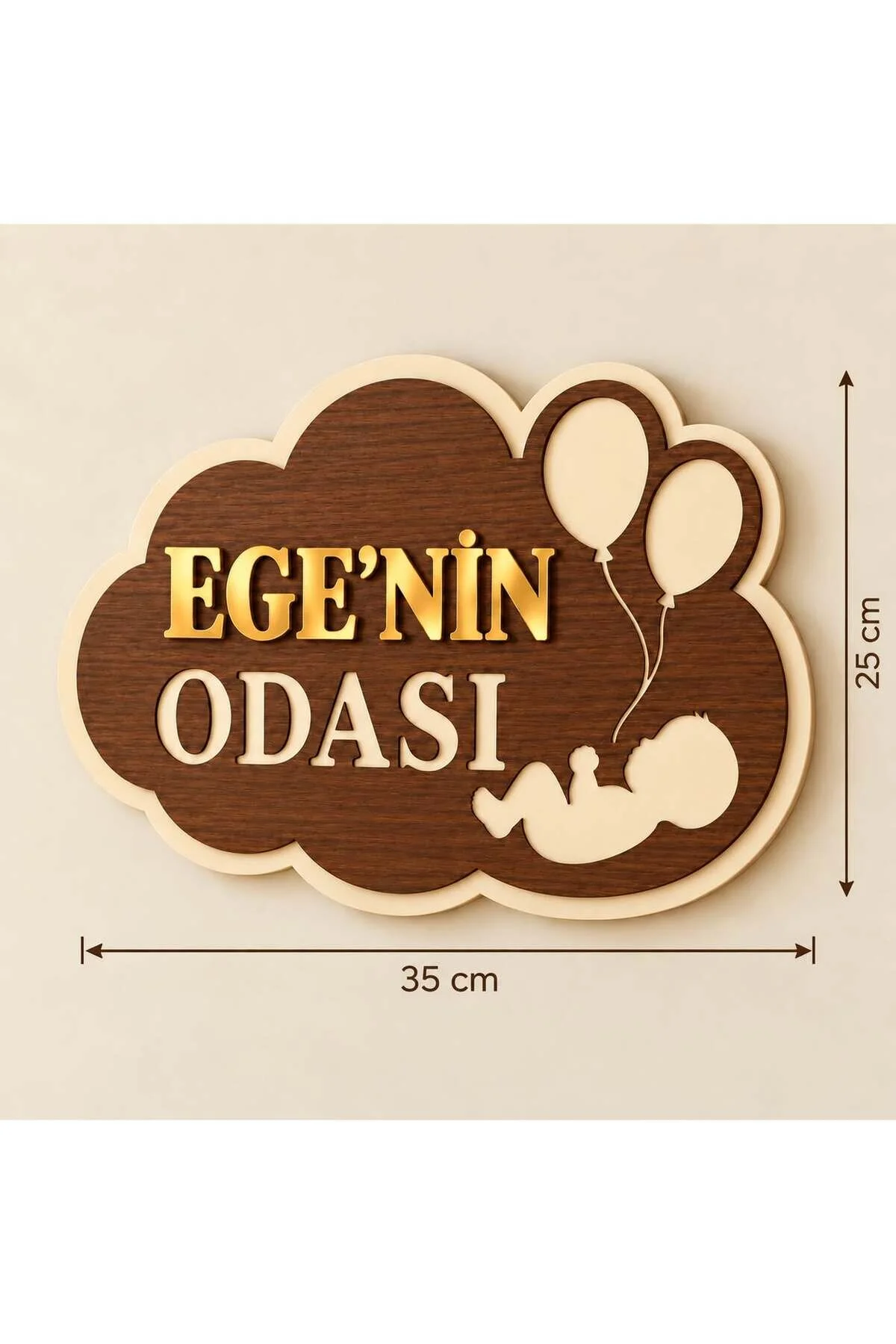 Kişiye Özel Bebek Odası Duvar Süsü, Gold Pleksi İsimli Mdf Kapı Dekoru Krem - Kahverengi