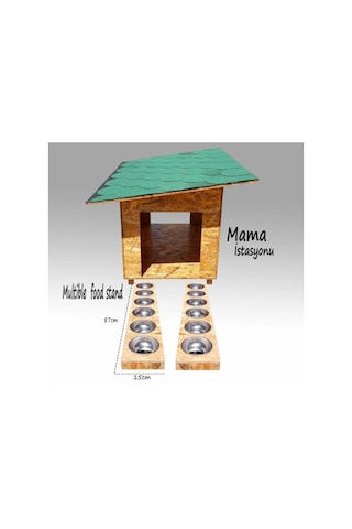 Çatılı Kedi Evi + Çelik Kaseli Mama ve Su Kabı İstasyonu