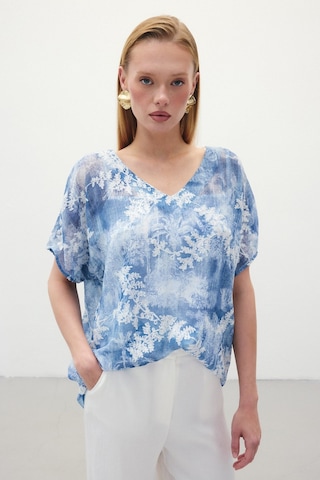 Sateen Nakışlı Kısa Kol Bluz - İndigo-136300 Indigo