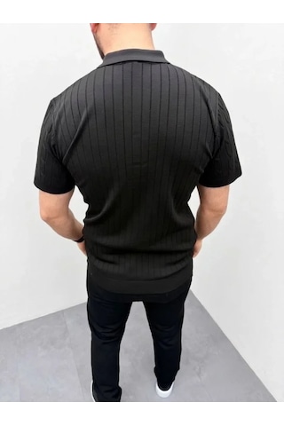 Efnaz Style Erkek Yazlık Triko Saç Örgü Tişört Kısa Kol Polo Yaka Fermuarlı T-shirt - Siyah Bej